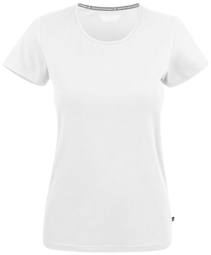 Vit kortärmad t-shirt med rund halsringning, etikett synlig i nacken.