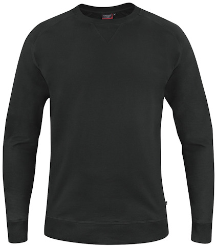 Svart sweatshirt med rund hals och långa ärmar, synliga sömmar vid kragen.