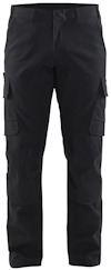 Svarta arbetsbyxor med flera fickor, inklusive två cargofickor på sidorna.