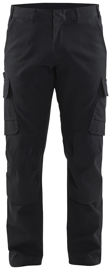 Svarta arbetsbyxor med flera fickor, inklusive två cargofickor på sidorna.