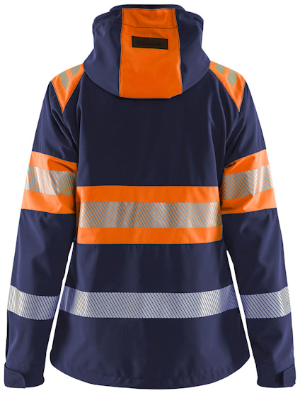 Mörkblå arbetsjacka med orange huva och reflekterande ränder på ärmar och bål.