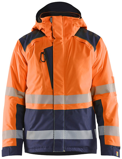 Varselorange och marinblå jacka med huva och reflexdetaljer.