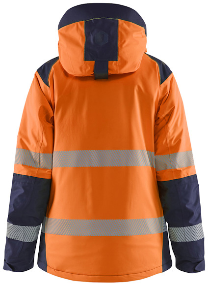 Orange arbetsjacka med huva och reflexband på rygg och ärmar, mörkblå detaljer.