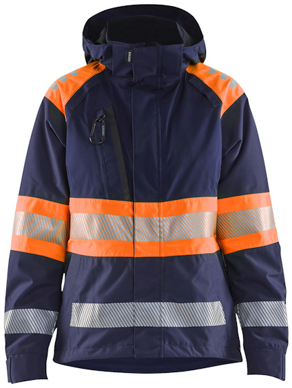 Mörkblå jacka med varselorange och reflekterande ränder, huva och dragkedja framtill.