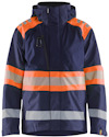 Mörkblå jacka med signalorange och reflekterande remsor, huva och dragkedja framtill.