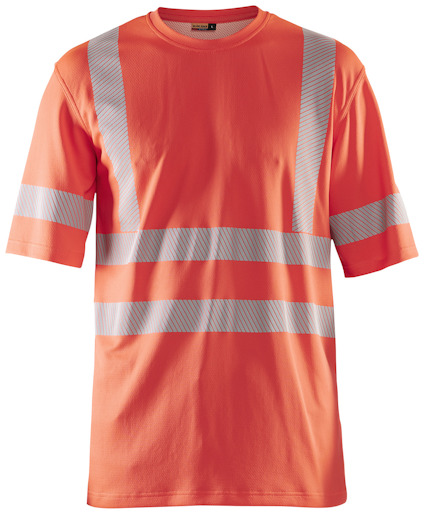 Varselröd t-shirt med reflexränder över axlar, bröst och ärmar.