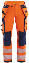 Orange och marinblå varselbyxa med flera fickor och reflexband vid bensluten.