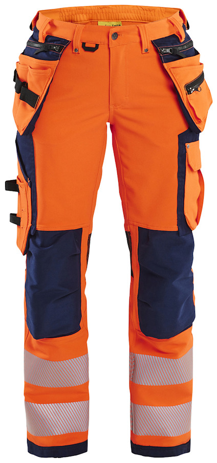 Orange och marinblå varselbyxa med flera fickor och reflexband vid bensluten.