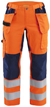 Orange och marinblå varselbyxa med reflexband vid benen, flera fickor och en verktygshållare.