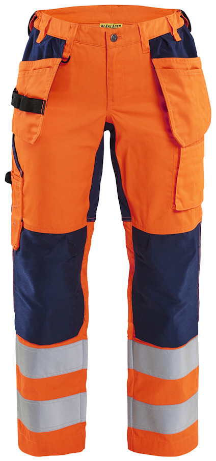 Orange och marinblå varselbyxa med reflexband vid benen, flera fickor och en verktygshållare.