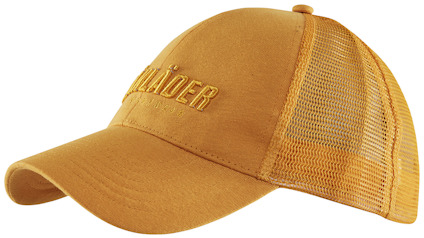 Keps i honungsgul färg med meshpaneler och texten "BLÅKLÄDER" broderad på framsidan.