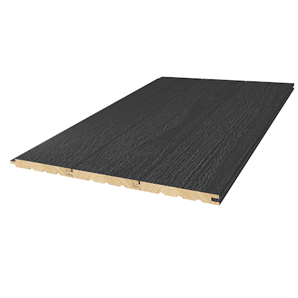 Svart träpanel med grå träådring och not och fjäder-kant.