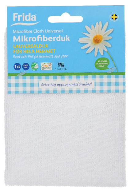 Förpackning med vit mikrofiberduk från Frida, med text i blått och orange. Blomma avbildad på etiketten.