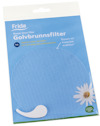 Förpackning av golvbrunnsfilter Frida med blå bakgrund och en prästkrageblomma i hörnet.