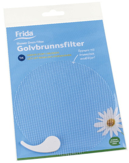 Förpackning av golvbrunnsfilter Frida med blå bakgrund och en prästkrageblomma i hörnet.