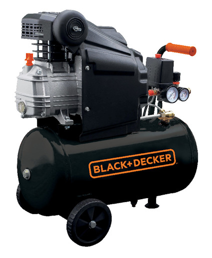 Svart kompressor med hjul och bärhandtag. Märkt "BLACK+DECKER". Två tryckmätare och ett reglage syns.