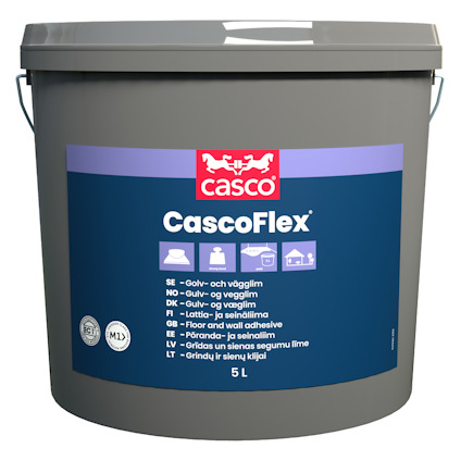 Hink med mörkgrått lock märkt "CascoFlex", med text på flera språk och volymangivelse 5 L.