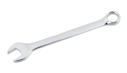 Kromglänsande u-ringnyckel med en öppen och en sluten ände, ligger mot en vit bakgrund.