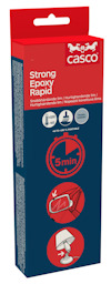 Förpackning för Casco Strong Epoxy Rapid med röd och blå design samt illustrativ grafik och text.
