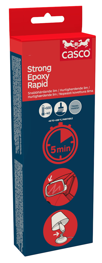 Förpackning för Casco Strong Epoxy Rapid med röd och blå design samt illustrativ grafik och text.