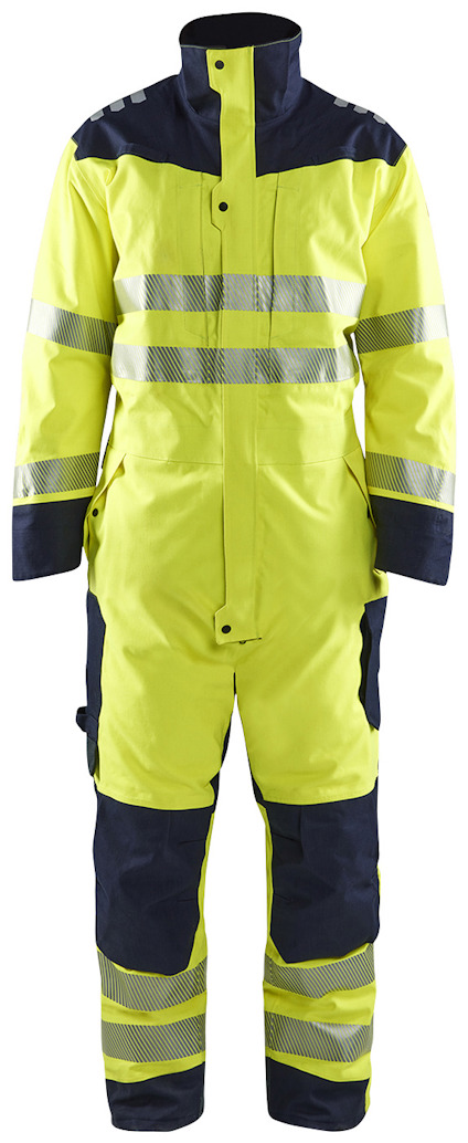 Overall i varselgul med marinblå detaljer och reflexband på bröst, ärmar och ben.