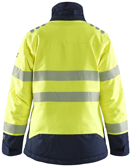 Gul och svart jacka med reflekterande ränder och luva, sedd bakifrån.