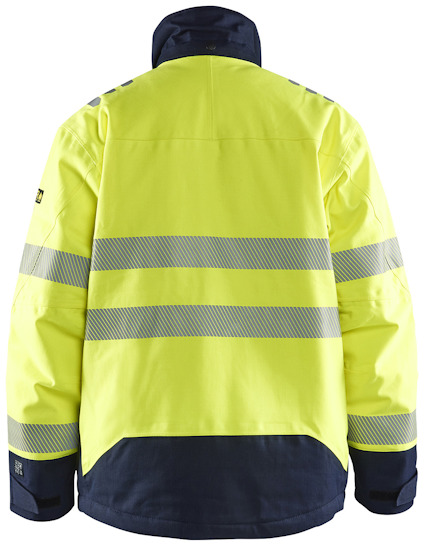 Gul jacka med reflekterande silverband och mörkblå detaljer, sedd bakifrån.