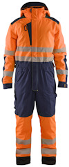 Varselorange och marinblå overall med reflexdetaljer, huva och flera fickor.