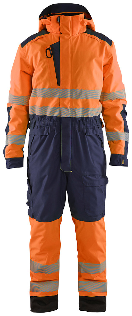 Varselorange och marinblå overall med reflexdetaljer, huva och flera fickor.