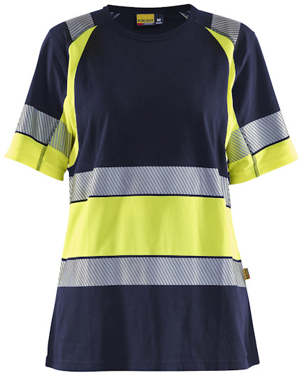 Kortärmad marinblå och varselgul T-shirt med reflexband och etikett i nackområdet.