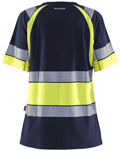 Kortärmad t-shirt i neongult och mörkblått med reflexband och texten "BLÅKLÄDER" på övre delen av ryggen.