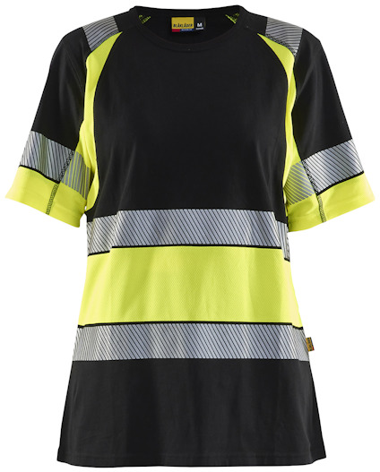 Svart t-shirt med gula varselpaneler och reflexband över bröst och ärmar.