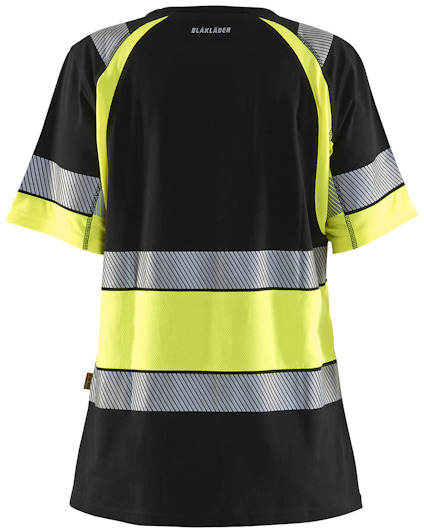Svart och neongul t-shirt med reflexband och texten "BLÅKLÄDER" på nacken.