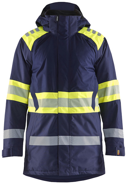 Mörkblå och varselgul parkas med huva och reflekterande ränder på ärmar, bröst och midja.