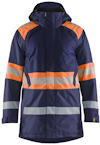 Marinblå parkas med varselorange och reflexband på axlar, ärmar och midja. Huva och långa ärmar.