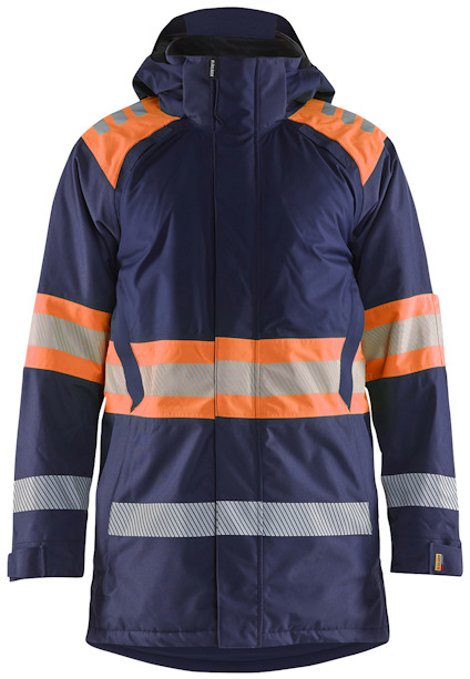 Marinblå parkas med varselorange och reflexband på axlar, ärmar och midja. Huva och långa ärmar.