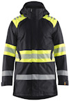 Svart parkas med fluorescerande gula detaljer och reflexband på ärmar, axlar och kropp.