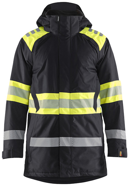 Svart parkas med fluorescerande gula detaljer och reflexband på ärmar, axlar och kropp.