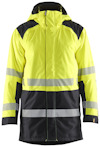 Varselgul och svart parkas med reflexband och huva.