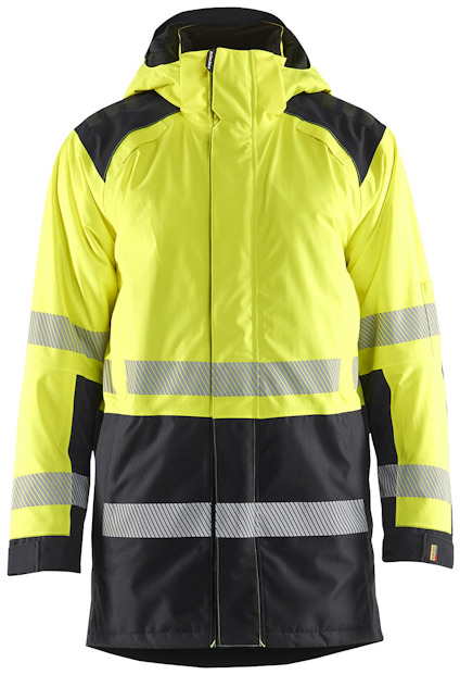 Varselgul och svart parkas med reflexband och huva.
