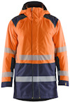 Orange och marinblå parkas med reflexband på ärmar och kropp. Har en huva och dragkedja framtill.