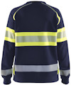 Mörkblå sweatshirt med gula och grå reflexband runt armar och midja.