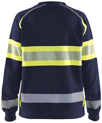 Mörkblå sweatshirt med gula och grå reflexband runt armar och midja.