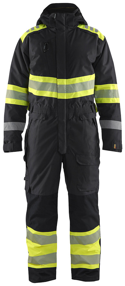 Svart overall med varselgula reflexdetaljer, fickor och huva.