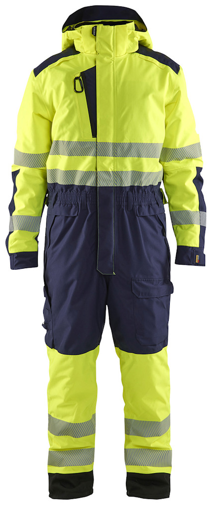 Overall i varselgul och marinblå med reflexband, huva och flera fickor.
