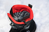 Svart vinterkänga med röd insida, snöret är öppet, står på snö. Text på sidan: "LIMITED CONTROL."