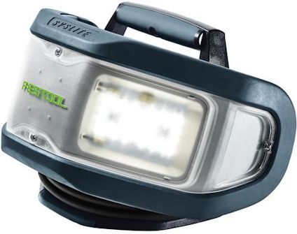 LED-arbetsbelysning med ett robust handtag och Festool-logotyp. Svart och transparent plasthölje runt LED-paneler.