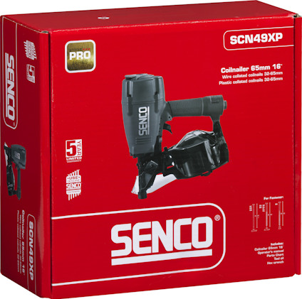 Röd kartong med texten "SENCO SCN49XP" och bild på en spikpistol. Indikerar 65mm coilnailer och 5 års garanti.