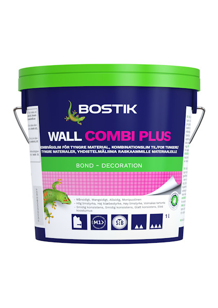 Grön hink med text: "Bostik Wall Combi Plus." Innehåller bilder på en ödla och dekorationssymboler.