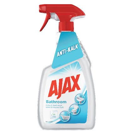 Sprayflaska med rött munstycke, etikett med texten "AJAX Bathroom" och "ANTI-KALK".
